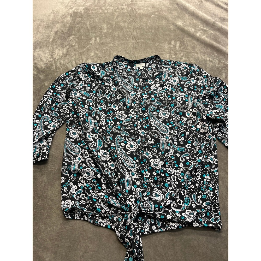 Talbots Womens Large Black Turquoise‎ Paisley Floral Tie Front Blouse 3/4 Sleeve